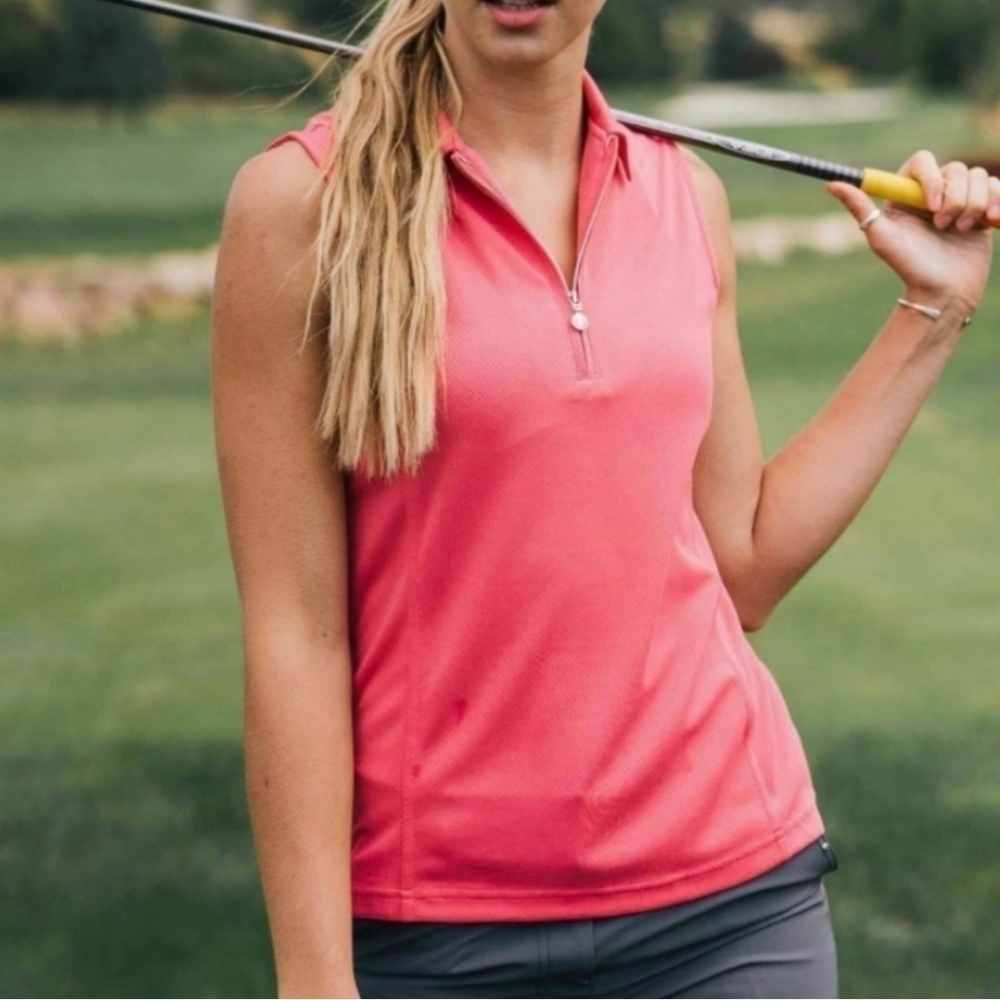 Zyia Active Clubhouse Pink Quarter Zip Up Sleeveless Polo Shirt